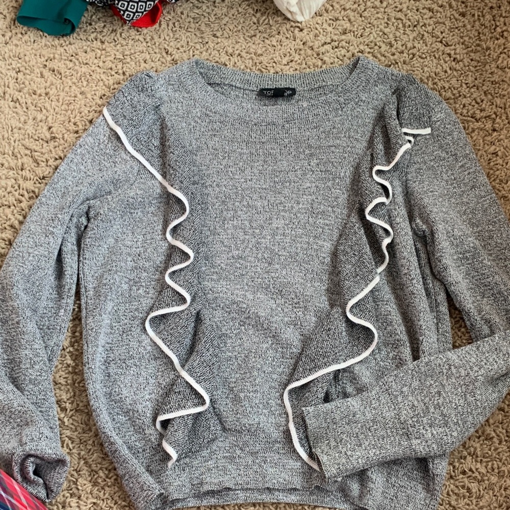 Topshop Gray Sweater with White Ruffles